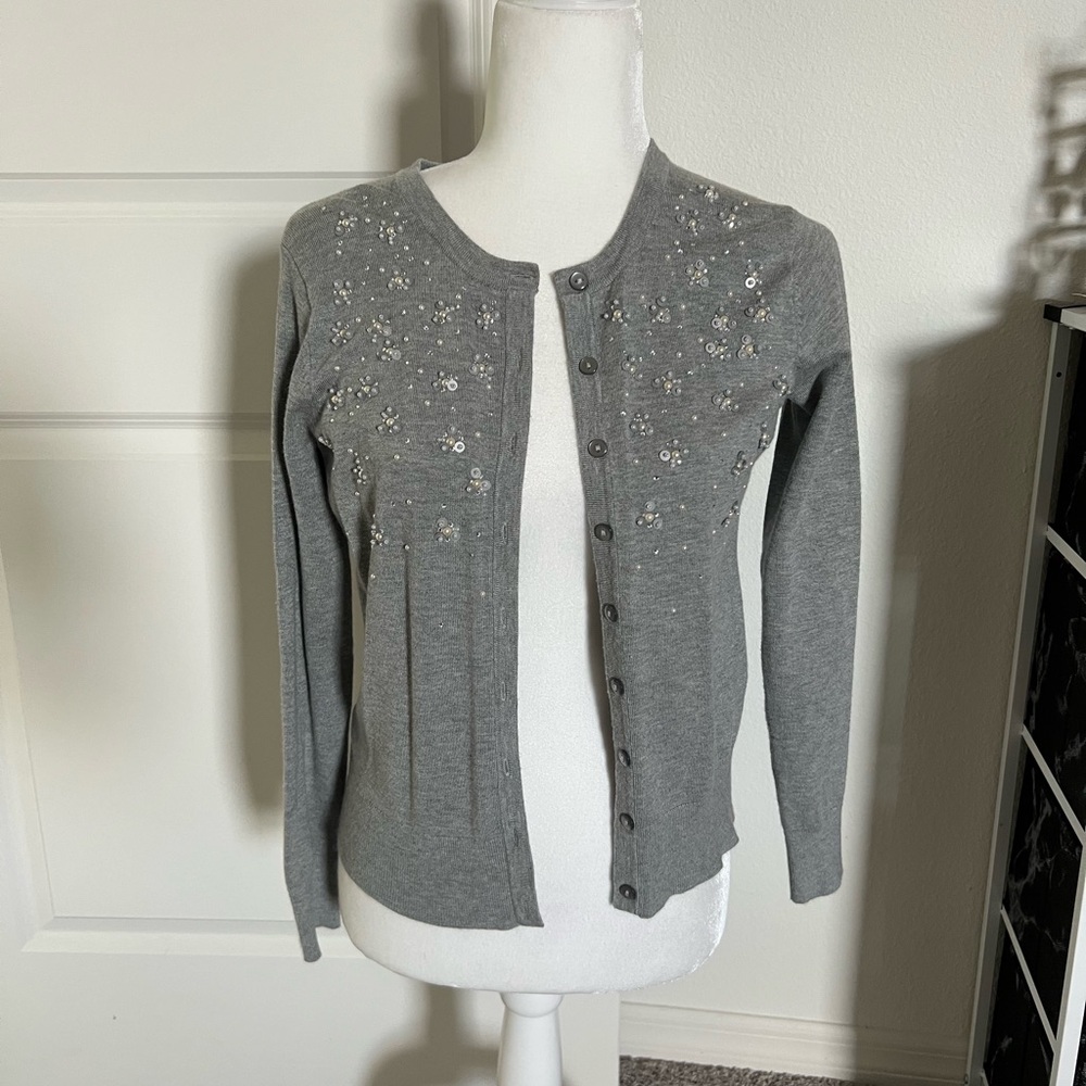 EUC Charter Club Gray Cardigan with Embellishments Petite Small